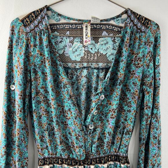 MIMI CHICA Turquoise Floral Print Roll Tab Sleeve V-Neck Button Down Romper Sz S - Picture 2 of 8